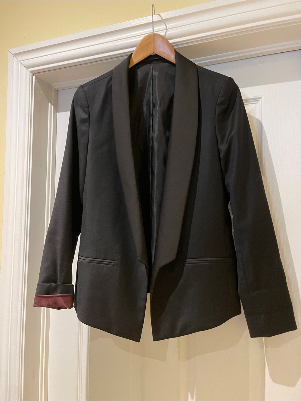 AllSaints Black Shawl Collar Blazer with Burgundy Cuff Detail